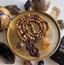 Load image into Gallery viewer, Immortal - 108 Cognac Opals + Balinese Carved Wood Rattlesnake