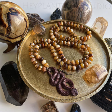 Immortal - 108 Cognac Opals + Balinese Carved Wood Rattlesnake
