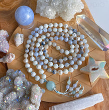 Load image into Gallery viewer, Passing Clouds - Mother of Pearl, Blue Chalcedony, Aquamarine, Freshwater Pearl, Moonstone, Dumortierite in Quartz Karen Hill Tribe Silver - 108 Mala Necklace