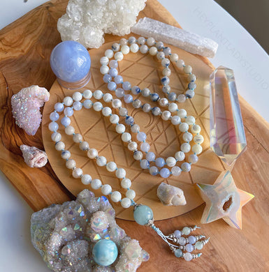 Passing Clouds - Mother of Pearl, Blue Chalcedony, Aquamarine, Freshwater Pearl, Moonstone, Dumortierite in Quartz Karen Hill Tribe Silver - 108 Mala Necklace