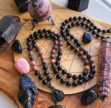 Path to Success - Arfvedsonite + Rhodonite + Ganesh/OM Pendant 108 Mala Necklace