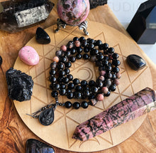 Load image into Gallery viewer, Path to Success - Arfvedsonite + Rhodonite + Ganesh/OM Pendant 108 Mala Necklace