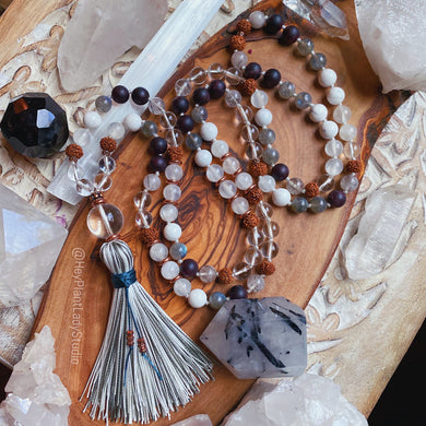 Uplifted Journey 108 Bead Necklace - Selenite + Labradorite + Clear Quartz + Garnet