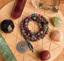 Load image into Gallery viewer, Joyful and Protected - 108 - Luxe Diamond Cut Cube Rainbow Tourmaline + Sterling Silver Mandala with inlaid Citrine