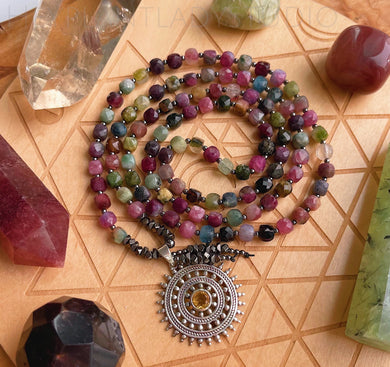 Joyful and Protected - 108 - Luxe Diamond Cut Cube Rainbow Tourmaline + Sterling Silver Mandala with inlaid Citrine