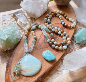 Gentle Waters - 108 Bead Necklace - Amazonite + Green Chalcedony + Petrified Wood + Quartz + Citrine