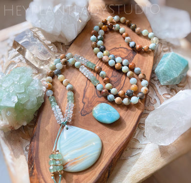 Gentle Waters - 108 Bead Necklace - Amazonite + Green Chalcedony + Petrified Wood + Quartz + Citrine