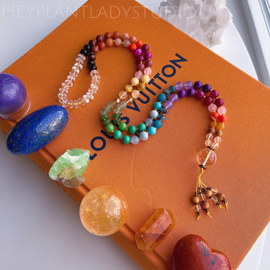 Return of the Sun - Rainbow Gemstone 108 Mala Bead Necklace - Clear Quartz Guru - Beaded Tassel