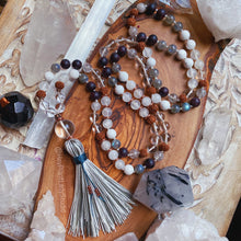 Load image into Gallery viewer, Uplifted Journey 108 Bead Necklace - Selenite + Labradorite + Clear Quartz + Garnet