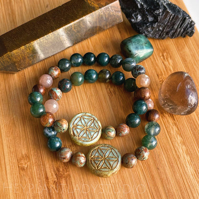 Starseed - Green Opal, Sunstone, Moss Agate, and Natural Wood - Stretch Gemstone Mala Bracelet