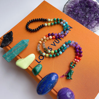 Bastet - Goddess of the Sun - AAA Malachite Cat Carving + Rainbow Gemstone 108 Mala Bead Necklace (34