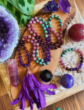 Load image into Gallery viewer, Harmony + Balance 108 Bead Mala Necklace + Bracelet Set - Mystic Purple Sari Tassel