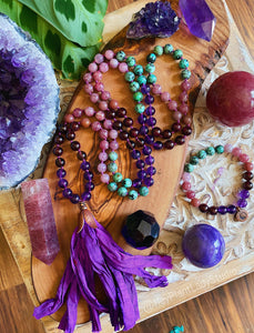 Harmony + Balance 108 Bead Mala Necklace + Bracelet Set - Mystic Purple Sari Tassel
