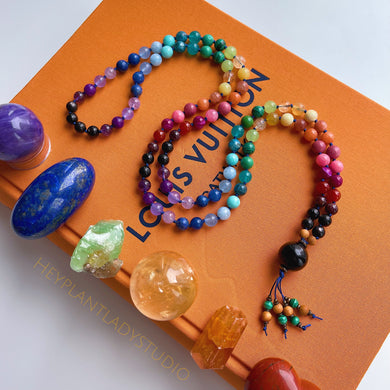 Kaleidoscope - Rainbow Gemstone 108 Mala Bead Necklace - Onyx Guru - Malachite Beaded Tassel (40