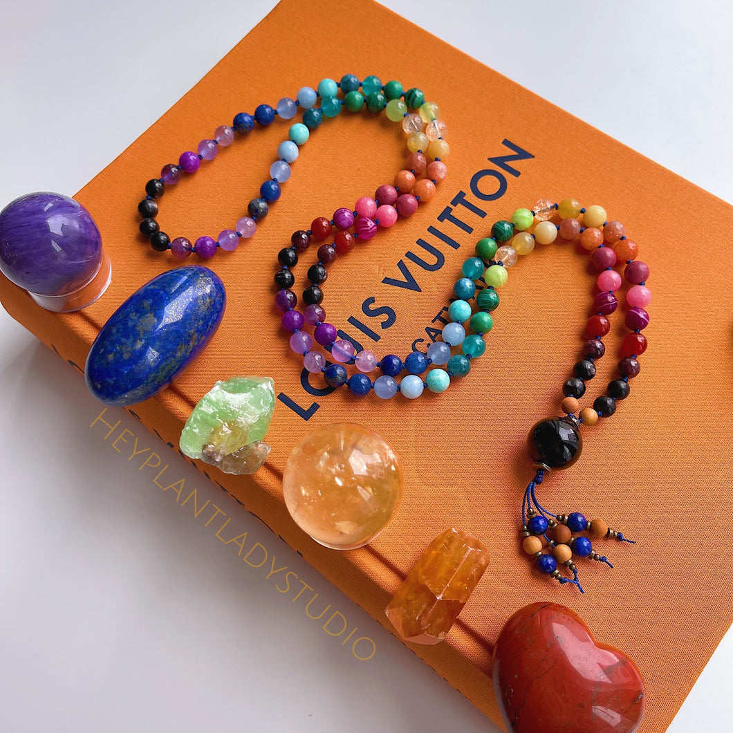 RESERVED for Angelene - Kaleidoscope - Rainbow Gemstone 108 Mala Bead Necklace - Onyx Guru - Lapis Lazuli Beaded Tassel (40