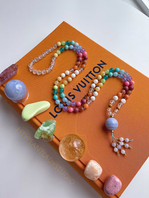 Vernal Equinox - Pastel Rainbow Gemstone 108 Mala Bead Necklace - AAA Blue Lace Agate Guru - Beaded Tassel (40