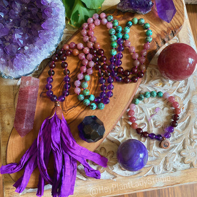 Harmony + Balance 108 Bead Mala Necklace + Bracelet Set - Mystic Purple Sari Tassel