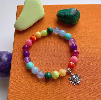 Sundance - 925 Sterling Silver Sun Charm + Rainbow Gemstone Stretch Mala Bracelet