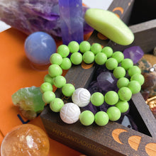 Load image into Gallery viewer, Reserved - Amethyst Bracelet &amp; Tridacna Shell Flower Carving + 10mm Green Apple Turquoise Gemstone Stretch Mala Bracelet