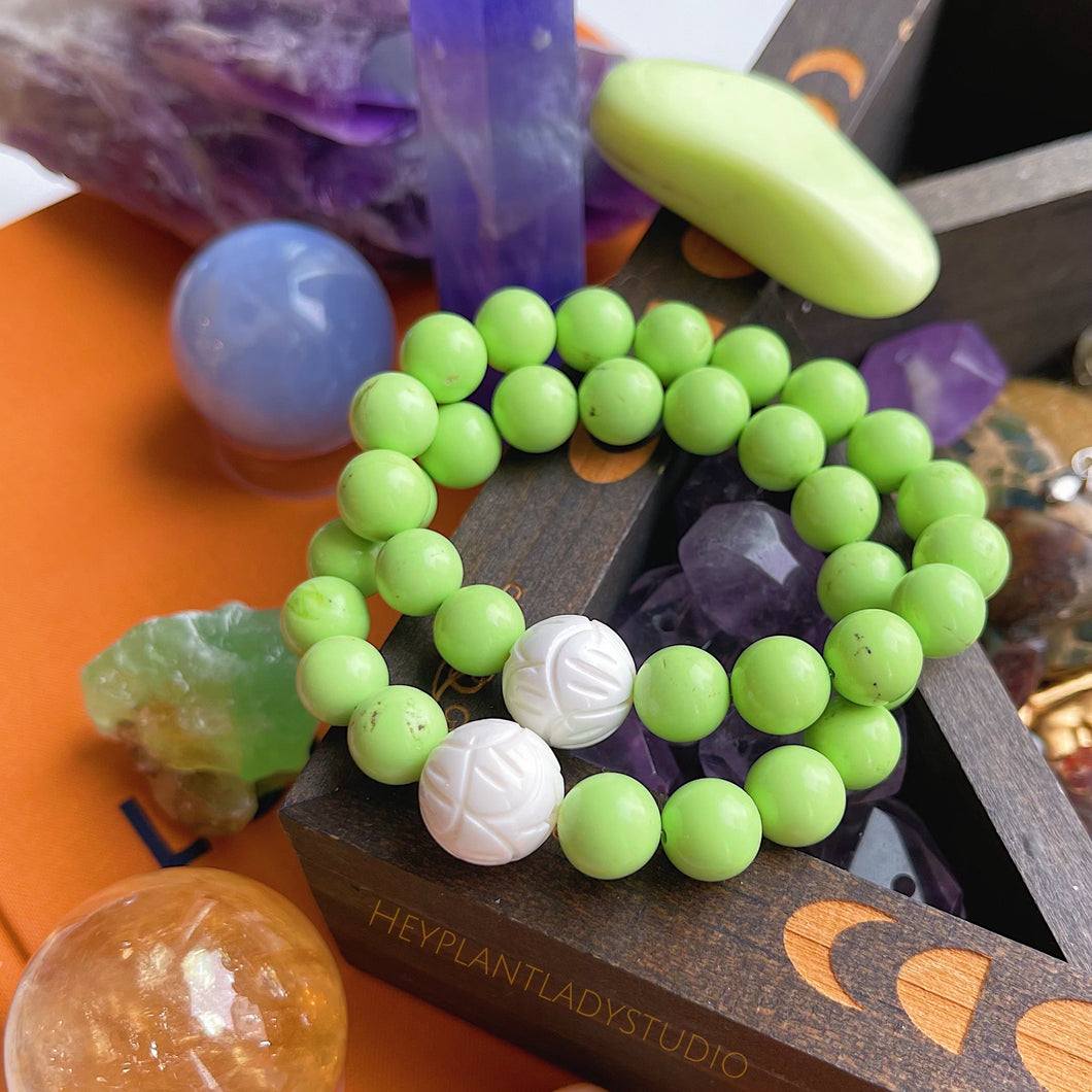 Reserved - Amethyst Bracelet & Tridacna Shell Flower Carving + 10mm Green Apple Turquoise Gemstone Stretch Mala Bracelet