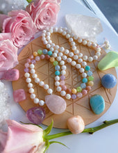Load image into Gallery viewer, MADE TO ORDER - Candy Clouds - 108 Mala Bead Necklace -Rose Quartz Guru - Mother of Pearl, Pink Opal, Aquamarine, Amazonite, Yellow Calcite, Turquoise, Sunstone