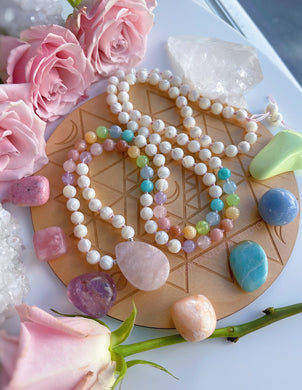 MADE TO ORDER - Candy Clouds - 108 Mala Bead Necklace -Rose Quartz Guru - Mother of Pearl, Pink Opal, Aquamarine, Amazonite, Yellow Calcite, Turquoise, Sunstone