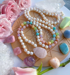 MADE TO ORDER - Candy Clouds - 108 Mala Bead Necklace -Rose Quartz Guru - Mother of Pearl, Pink Opal, Aquamarine, Amazonite, Yellow Calcite, Turquoise, Sunstone
