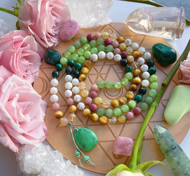 Fresh Cut Bouquet - 108 Mala Bead Necklace -Variscite Guru - Citrine, Mother of Pearl, Pink Opal, Malachite, Green Calcite, Howlite, Indian Agate, Rhodonite, Yellow Opal, Green Aventurine, Yellow Tigers Eye, Chrysoprase