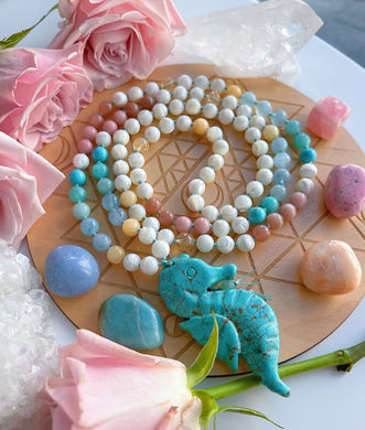 Sunny Seashore - 108 Mala Bead Necklace -Seahorse Guru - Citrine, Mother of Pearl, Pink Opal, Aquamarine, Amazonite, Yellow Calcite, Turquoise, Sunstone
