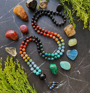 Shambhala - Land of Paradise - Rainbow Gemstone 108 Mala Bead Necklace - Onyx Guru - Kyanite Beaded Tassel