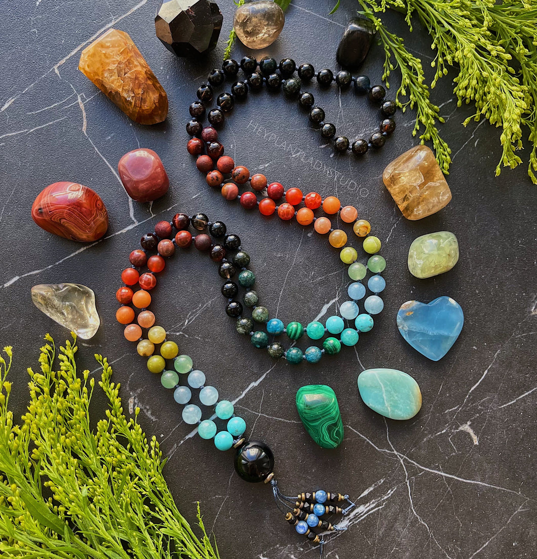 Shambhala - Land of Paradise - Rainbow Gemstone 108 Mala Bead Necklace - Onyx Guru - Kyanite Beaded Tassel