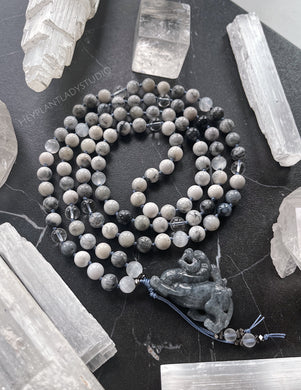 Guardian of Prosperity - Vintage Jadeite Pixiu Carving - Selenite + Quartz + Dendritic Agate