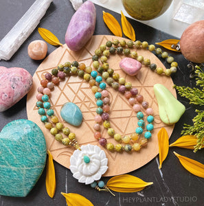 Rooted in Compassion - Carved Shell Lotus + Turquoise - Lavender Kunzite + Sunstone + Yellow Opal + Moonstone + Turquoise + Yellow Turquoise