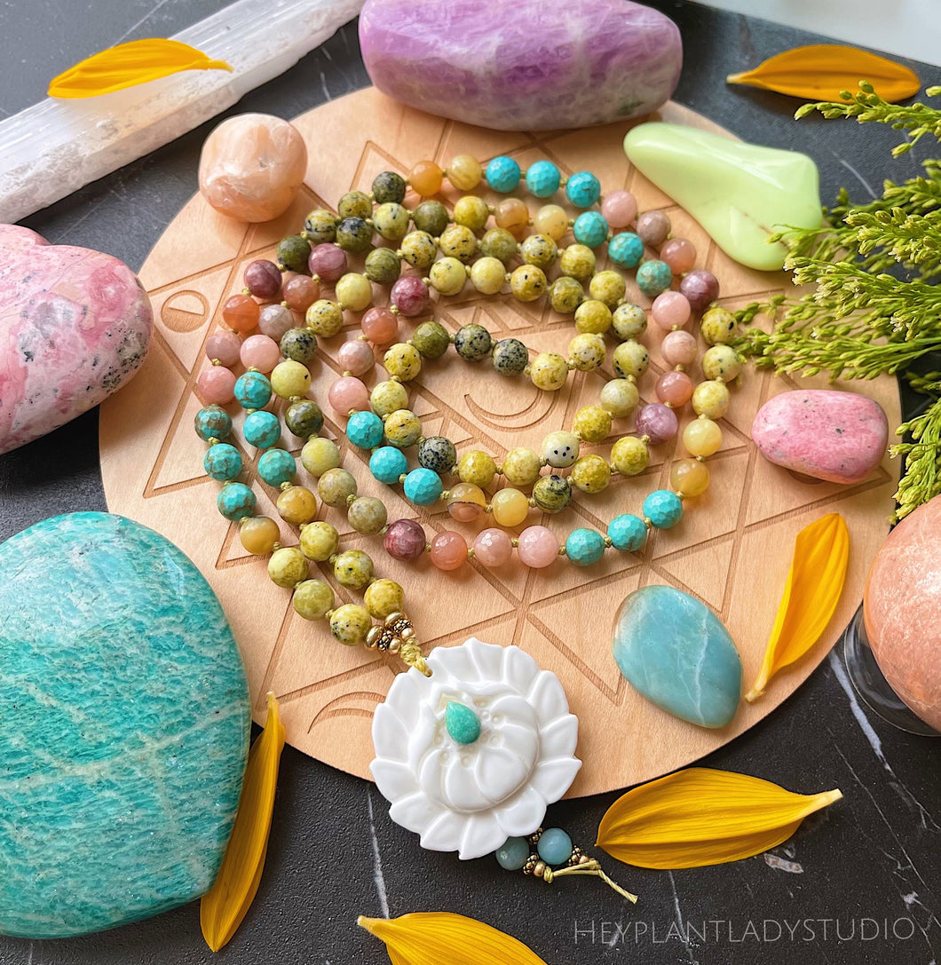 Rooted in Compassion - Carved Shell Lotus + Turquoise - Lavender Kunzite + Sunstone + Yellow Opal + Moonstone + Turquoise + Yellow Turquoise