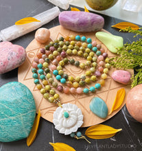 Load image into Gallery viewer, Rooted in Compassion - Carved Shell Lotus + Turquoise - Lavender Kunzite + Sunstone + Yellow Opal + Moonstone + Turquoise + Yellow Turquoise