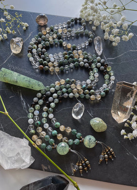 Renewed Energy - Prehnite + Green Phantom Quartz + Rainbow Moonstone + Citrine + Smoky Quartz + Clear Quartz + Jade + Eagle Eye + African Turquoise