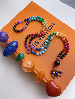 Kaleidoscope - Rainbow Gemstone 108 Mala Bead Necklace - Onyx Guru - Lapis Lazuli Beaded Tassel (40