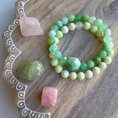 RESERVED - 8mm Lemon Chrysoprase + 8mm Faceted Chrysoprase Stretch Mala Bracelets