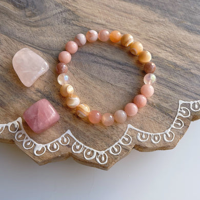 Sunbeams - Sakura Agate, Mother of Pearl, Aura Rose Quartz, Mystic Moonstone, Jade Stretch Bracelet