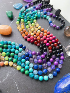 Kaleidoscope - Rainbow Gemstone 108 Mala Bead Necklace - Onyx Guru - Lapis Lazuli + Onyx Beaded Tassel (40") - Black Cord