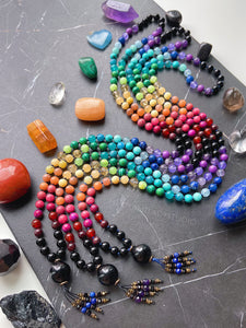 Kaleidoscope - Rainbow Gemstone 108 Mala Bead Necklace - Onyx Guru - Lapis Lazuli + Onyx Beaded Tassel (40") - Black Cord