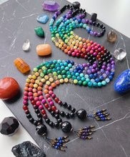 Load image into Gallery viewer, Kaleidoscope - Rainbow Gemstone 108 Mala Bead Necklace - Onyx Guru - Amethyst + Onyx Beaded Tassel (40&quot;) - Black Cord