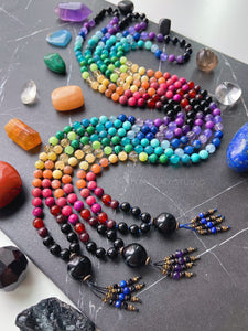 Kaleidoscope - Rainbow Gemstone 108 Mala Bead Necklace - Onyx Guru - Lapis Lazuli + Onyx Beaded Tassel (40") - Blue Cord