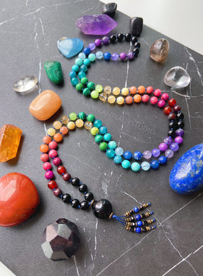 Kaleidoscope - Rainbow Gemstone 108 Mala Bead Necklace - Onyx Guru - Lapis Lazuli + Onyx Beaded Tassel (40