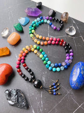 Load image into Gallery viewer, Kaleidoscope - Rainbow Gemstone 108 Mala Bead Necklace - Onyx Guru - Lapis Lazuli + Onyx Beaded Tassel (40&quot;) - Black Cord