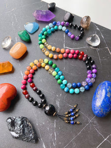 Kaleidoscope - Rainbow Gemstone 108 Mala Bead Necklace - Onyx Guru - Lapis Lazuli + Onyx Beaded Tassel (40") - Black Cord