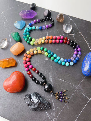 Kaleidoscope - Rainbow Gemstone 108 Mala Bead Necklace - Onyx Guru - Amethyst + Onyx Beaded Tassel (40