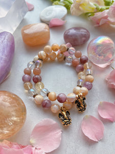 Golden Hour Bracelet - Golden Mother of Pearl, Lavender Kunzite, Aura Quartz, Citrine, and Peach Moonstone.