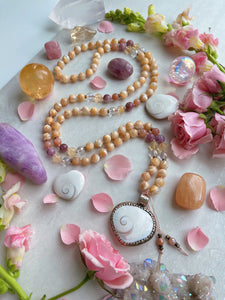 Golden Hour - Shiva Eye Shell + Golden Mother of Pearl + Lavender Kunzite + Peach Moonstone + Citrine + Aura Quartz