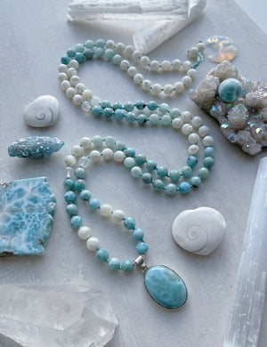 Ancient Energy of Atlantis - Larimar + Selenite + Mother of Pearl + Green Moonstone + 925 Sterling Silver